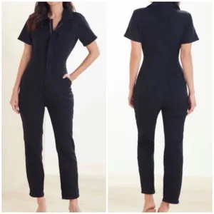 Good American Short Sleeve Denim Jumpsuit Size 0 thumbnail 2