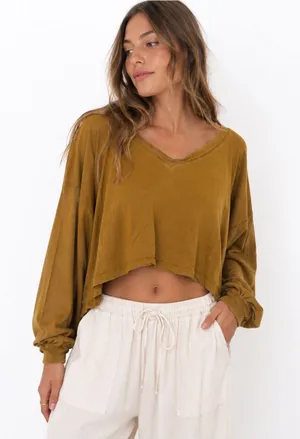 We The Free Cropped V-Neck Long Sleeve Top Mustard Brown Size Small thumbnail 1