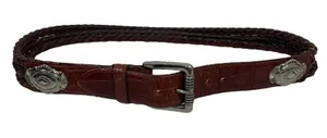 Brown‎ Leather Size M Croc Embossed Braided Belt Silver Tone Heavy Buckle Concho thumbnail 1