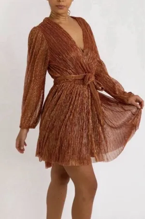 NWT Baltic Born Metallic Shimmer Pleated Belted Mini‎ Dress Sz S thumbnail 1