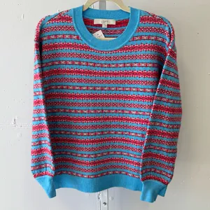 NWT Loft‎ Women’s Crewneck Vibrant Knit Sweater Blue Red XS thumbnail 2