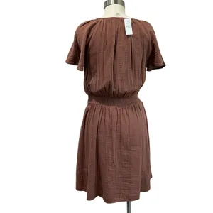Loft Brown Gauze Cotton Dress Smocked Waist V‎ Neck Casual NWT Size S thumbnail 3