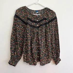 OLD NAVY Long Sleeve Lace Trimmed Floral Print Blouse Brown Button Cottagecore thumbnail 2