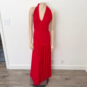 [Anthropologie] Bardot Red Mave Halter Neck Maxi Dress Low Back Ruched Slit 12 thumbnail 3