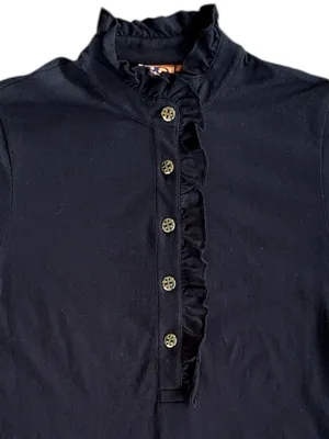 Tory Burch Pima Cotton Ruffle Logo Button Top Black Size Small thumbnail 2