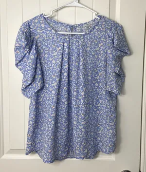 Iris women’s light purple ruffle sleeve button neck loose relaxed floral blouse‎ thumbnail 1