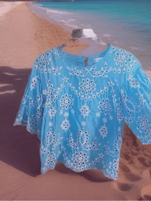 Sky Blue Eyelet Top Scalloped Bell Sleeves Studio JPP Womens Medium thumbnail 9