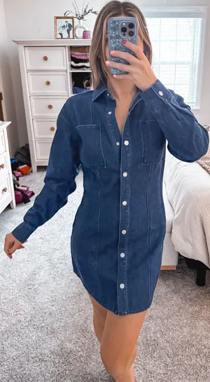 Denim longsleeve button up mini dress thumbnail 3