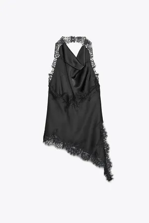 Zara elegant Black Satin Lace-Trim Halter Top thumbnail 13