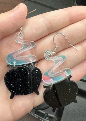 Cauldron with Iridescent Smoke Acrylic Dangle Earrings Black thumbnail 1