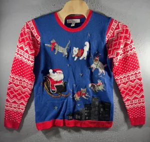 3232 | Jolly Sweaters Santa Cats Ugly Christmas Sweater Light Up Blue Women L thumbnail 1
