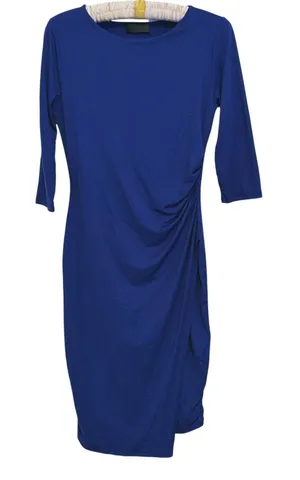 VERSE Womens Ruched Midi Cocktail Dress S Navy Blue Career Stretch Modern Event thumbnail 1