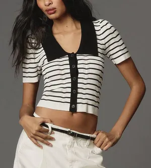 Maeve by Anthropologie Short-Sleeve Collared Slim Cardigan Sweater thumbnail 1