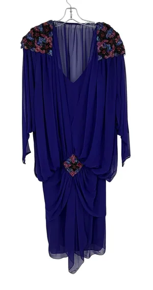 Vintage 1982 Casadei Purple Beaded Chiffon Draped Cocktail Dress Size 10 thumbnail 1