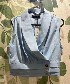 Commense Pale Blue Draped Sleeveless Wrap Crop Top thumbnail 1