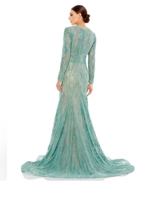 Mac Duggal 79291 Beaded Illusion Long Sleeve Plunge Neck Gown NWT 10‎ Sage thumbnail 3