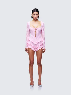 Women's Pink Lace Long-Sleeve Romper - Elegant Sleepwear thumbnail 5