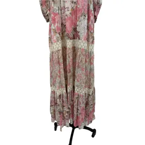 LoveShackFancy Evren Floral Lace Trim Puff Sleeve Cotton Maxi Dress Pink Small thumbnail 5