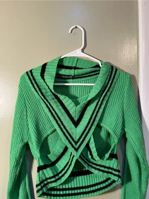 Women’s Size XL V-Neck Cut Out Sweater Green Black Stripes Ribbed Long Sleeve thumbnail 2