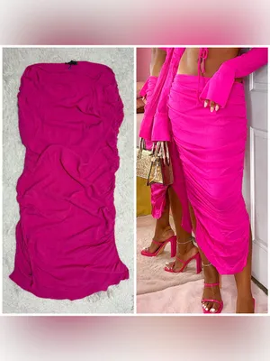 PrettyLittleThing Fuchsia Hot Pink Ruched Bodycon Midi Skirt Size 12 Large thumbnail 2