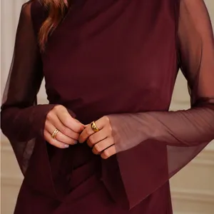 Rihoas Wine Red Boat Neck Mesh Mini Dress thumbnail 2