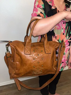Steve Madden Brown Faux Leather Satchel Crossbody Bag Studded Boho Tote thumbnail 5