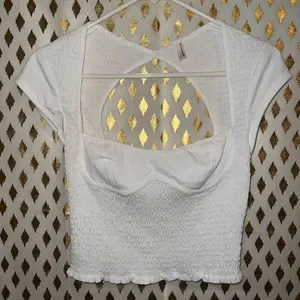 NWOT Free People Smocked Sweetheart Open Back Cap Sleeves Crop Top white ribbed thumbnail 4