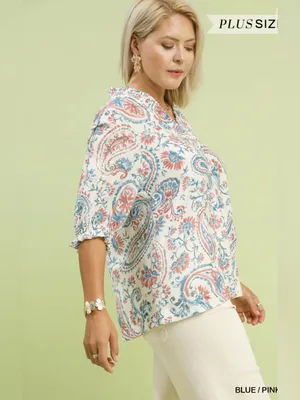 New! Umgee Plus Size Floral Paisley V-Neck Peasant Top - Blue/Pink Size 2X thumbnail 5