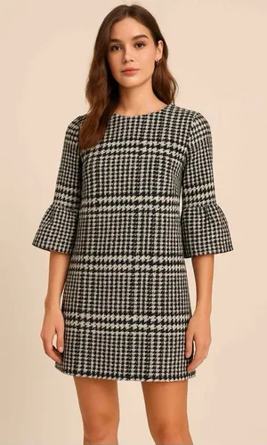 Zara Houndstooth Check Bell Cuff Shift Mini Dress Black Cream Medium‎ thumbnail 1