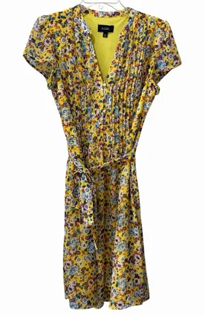 MSK dress Yellow Floral Knee Length‎ Dress 8 Short Sleeve Tie Waist Cottagecore thumbnail 1