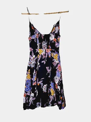 Free People Happy Heart Floral Mini Dress Small Black Purple Ruched Tie Front Sm thumbnail 3