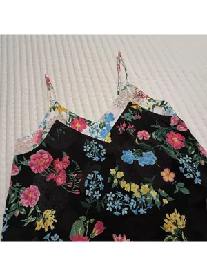 Betsey Johnson Chemise Slip Nightie L Large Black Multi Color Floral Ruffle Hem thumbnail 3
