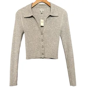 Aerie NWT Women’s Size S Heather Gray Gotta Jet! Ribbed Knit Button Polo Sweater thumbnail 6