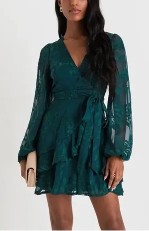 Lulus Green Leaf Embroidered Long Sleeve Tiered Mini Dress M thumbnail 1