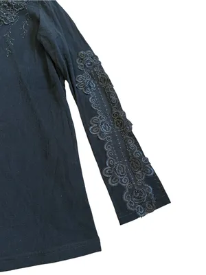 Black High Neck Long Sleeve Top Embroidered Rhinestones Gothic Romantic Witchy thumbnail 5