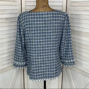 Ann Taylor Tweed Fringe Trim Boatneck Top Shirt‎ Blue White 8 Preppy Nautical thumbnail 5