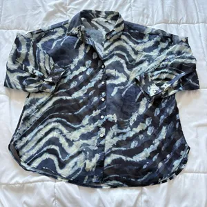 Womens Blouse Button Up 3/4 Sleeve Blue Collared‎ Officechic Corpcore City thumbnail 1