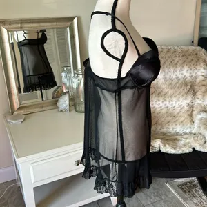 Dolls Kill Black satin sheer mesh ruffle sexy goth vamp maid nighty slip mini dress M​​​​​ thumbnail 9