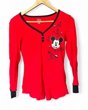 Y2K Mickey Mouse Fairy Grunge Thermal Waffle Knit Henley Red Long Sleeve Top M thumbnail 1