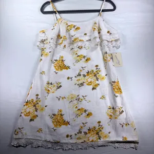 Universal Thread Floral Linen Blend‎ Lace Trim Mini Dress XS Yellow White Boho thumbnail 2