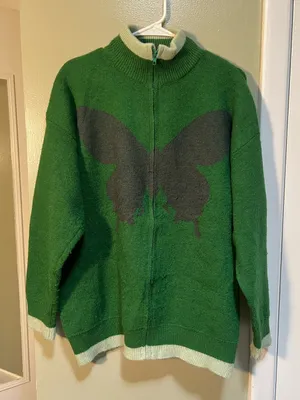Vencede Women's Sz Medium Full Zip Sweater Green Gray Large Butterfly Print Soft thumbnail 2