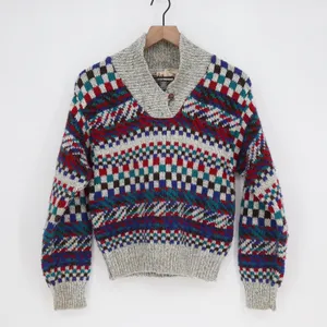 Vintage Applause Fair Isle Shawl Collar Sweater Grey Multi Geometric Knit Medium thumbnail 1