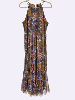 Candalette Petite Floral Mesh Maxi Dress PL Brown Blue Pink Tiered Halter Boho thumbnail 2