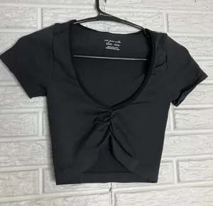 Out From Under Crop Top Womens XS/S Black Excellent Ribbed Ruched‎ Short Sleeve thumbnail 1