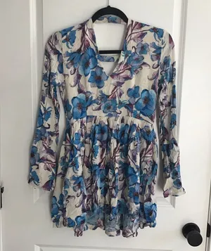 Free People White Blue Floral Lined Shorts Long Sleeve Jumper Romper Sz M thumbnail 1