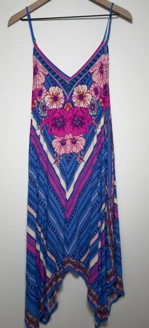 Flying Tomato Women Dress Medium Blue Pink Floral Geometric Handkerchief Hippie thumbnail 1
