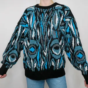 Vintage 90s Teal and Black Textured Geometric Sweater thumbnail 1
