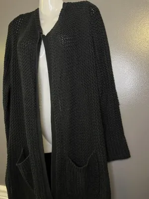 Lucky Brand Cardigan Sweater Womens Medium Black Open Knit Long Duster Pockets thumbnail 4