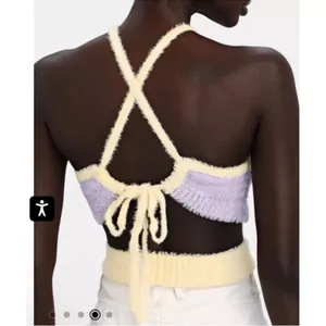 For Love & Lemons Fuzzy Cozy Maureen Top Purple & Yellow Knit Open back NWT thumbnail 2
