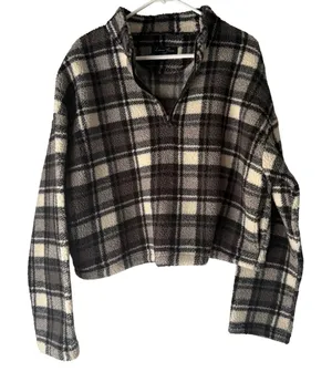 Love Tree Plaid Fleece Quarter‎ Zip Cropped Pullover Sweatshirt Women's Large thumbnail 1